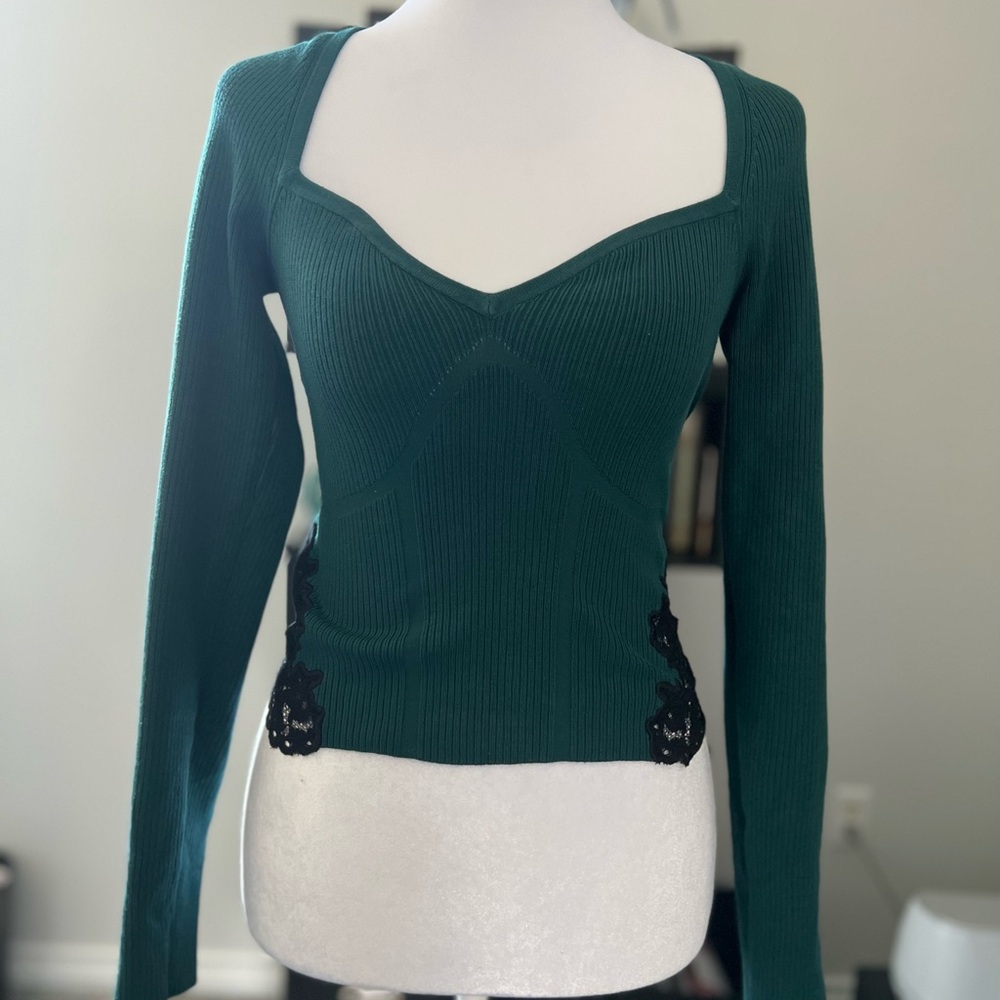 Express Teal Green Ribbed Long-Sleeve Sweetheart Top And Skirt